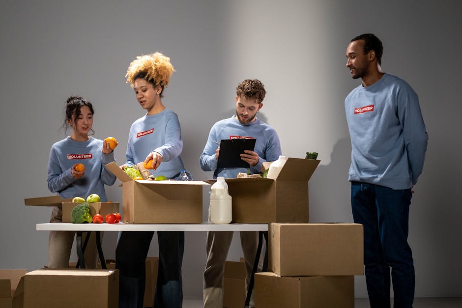 A realistic image depicting a diverse group of people receiving financial assistance in an office setting